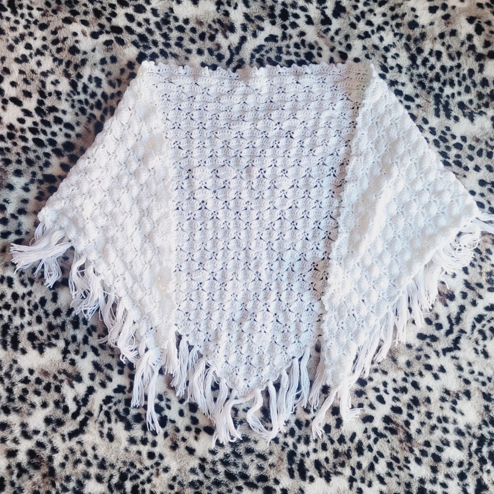 Handmade White Crochet Popcorn Stitch Triangle Fringe Shawl Wrap Boho Vintage